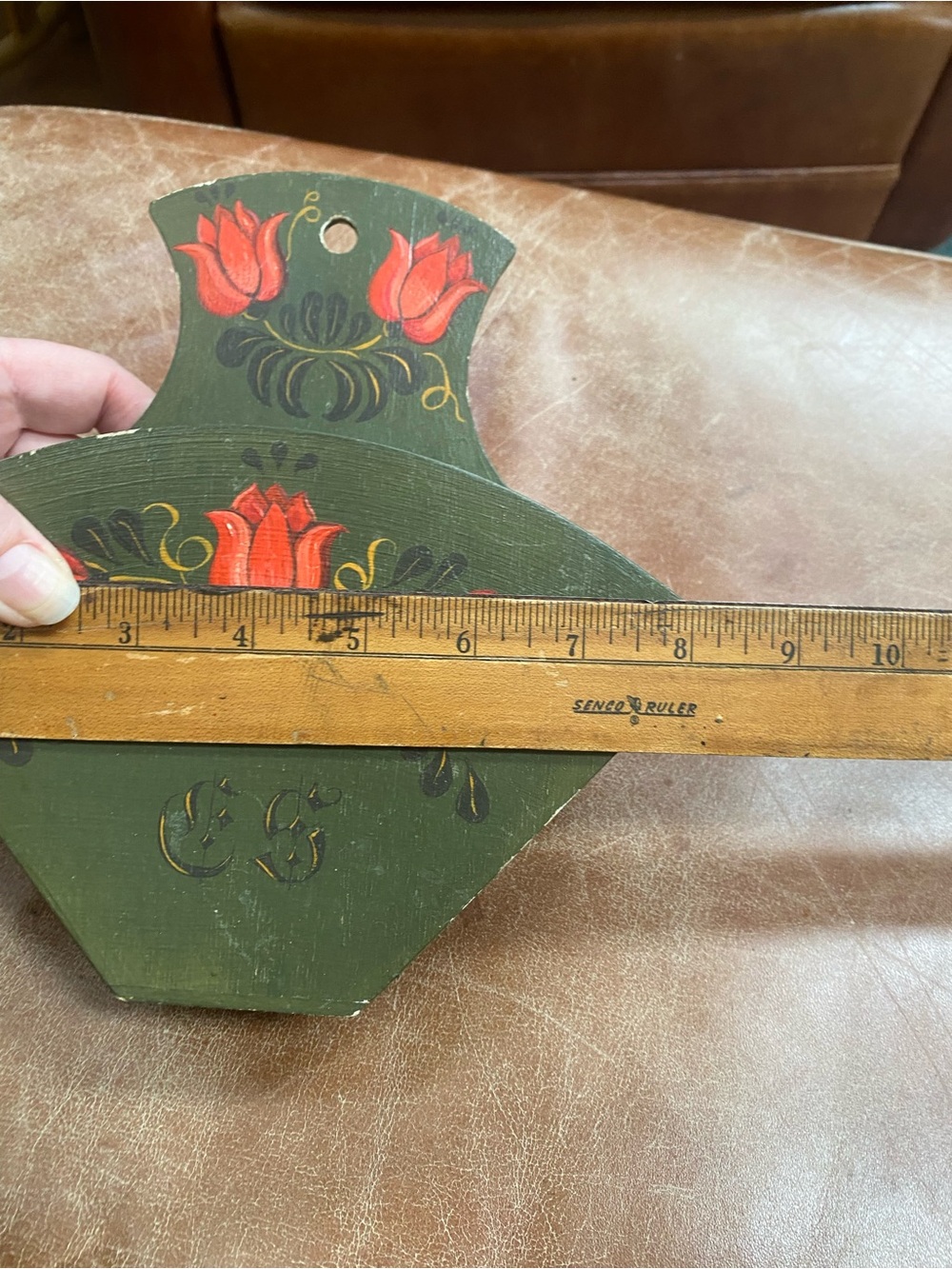 Vintage HandPainted Cone Coffee Filter Holder Green Floral Wooden Wall Decor - Picture 11 of 11